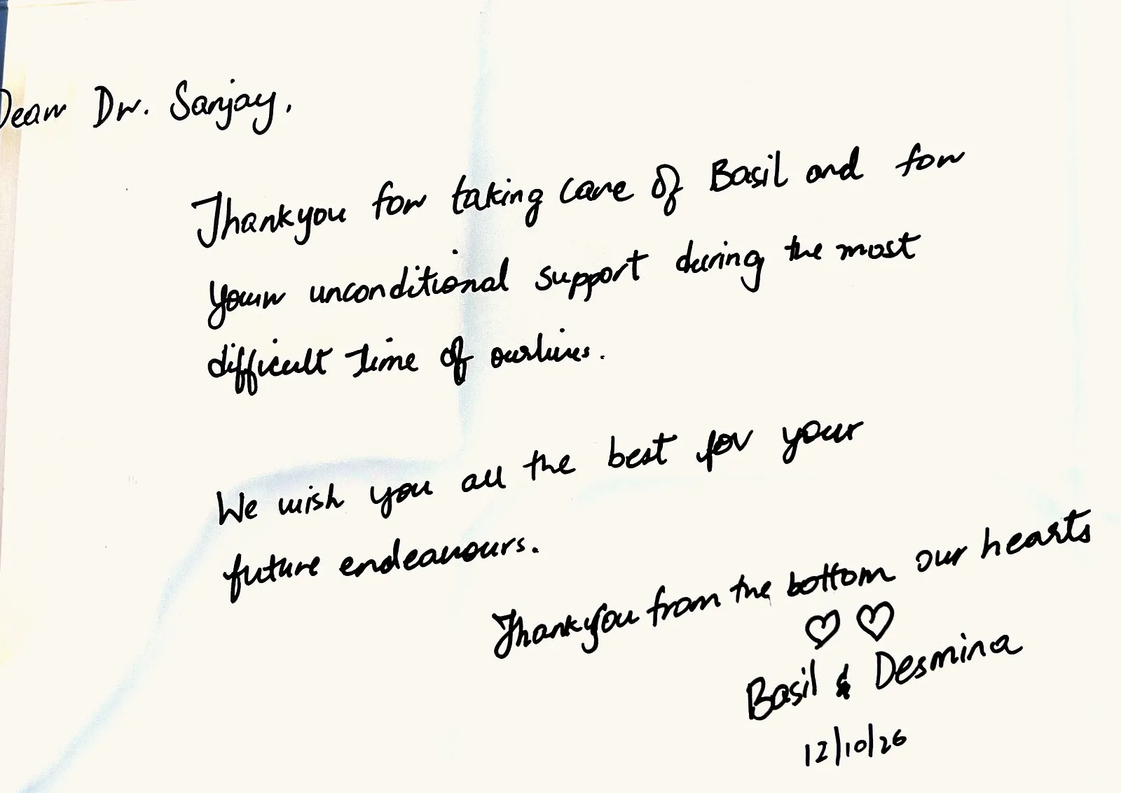 Handwritten thank-you note from Basil & Desmina to Dr. Sanjay Parashar