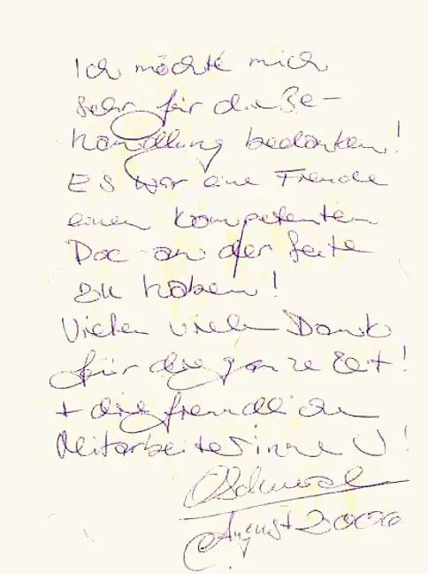Handwritten thank-you note from Patient from Germany to Dr. Sanjay Parashar