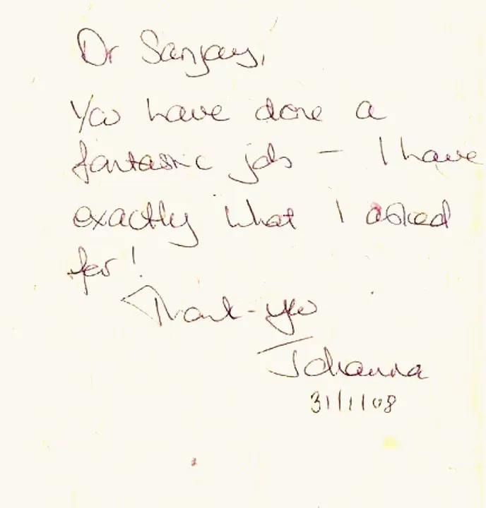 Handwritten thank-you note from Johanna to Dr. Sanjay Parashar
