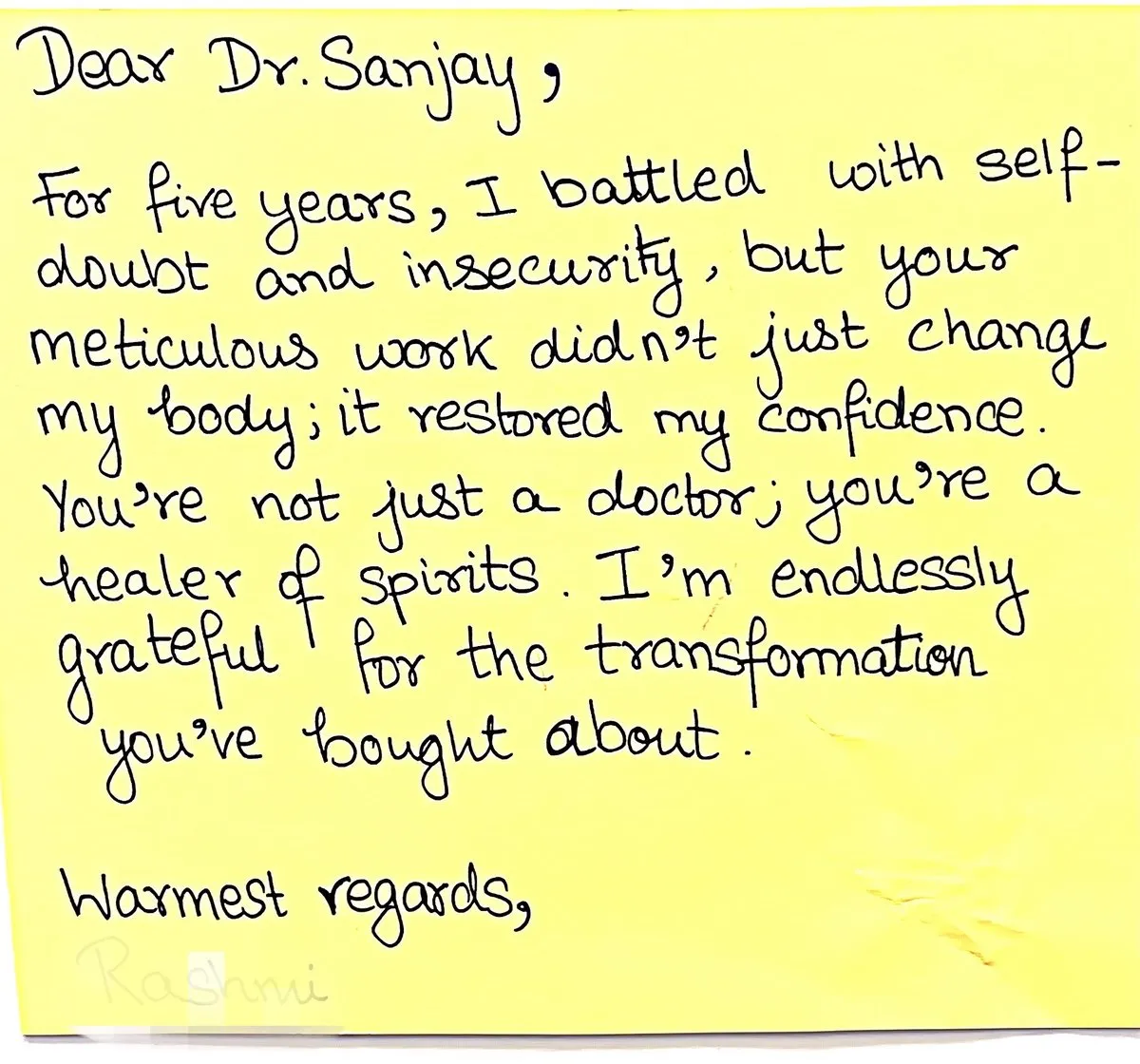 Handwritten thank-you note from Rashmi to Dr. Sanjay Parashar