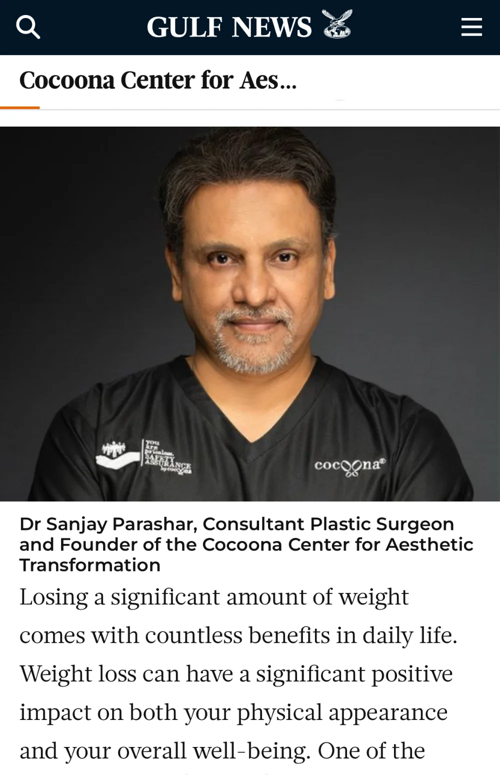 Gulf News lifestyle article featuring Dr. Sanjay Parashar, consultant plastic surgeon in Dubai